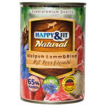   Happy&Fit Natural Dog Konzerv Junior Bárány & Marha Rizzsel & Lenmagolajjal 400g