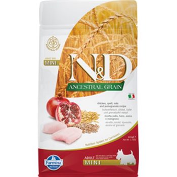   N&D Dog Ancestral Grain csirke, tönköly, zab & gránátalma adult mini 800g