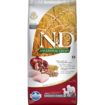   N&D Dog Ancestral Grain csirke, tönköly, zab & gránátalma adult medium & maxi 12kg